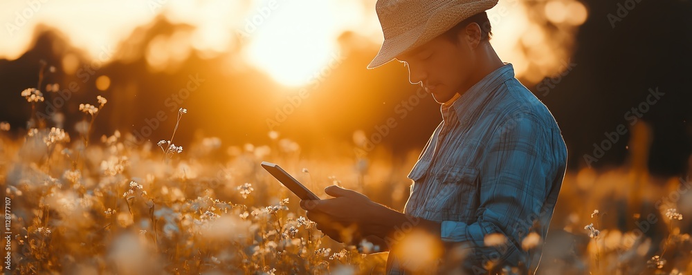Poster A farmer using AIpowered technology on a tablet to analyze data, monitor crops, and control automated systems in a smart farming network for modern agricultural innovation
