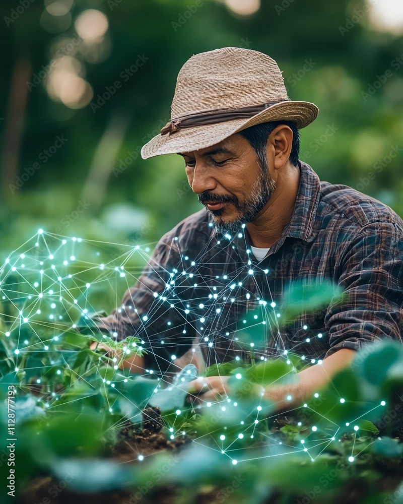 Aufkleber A farmer using artificial intelligence applications to control automated irrigation and farming systems, monitoring crop health and plantation data for optimized agriculture