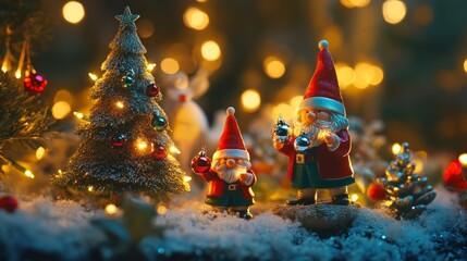 Cheerful gnomes in a glowing garden setting, decorating miniature Christmas trees with sparkling ornaments