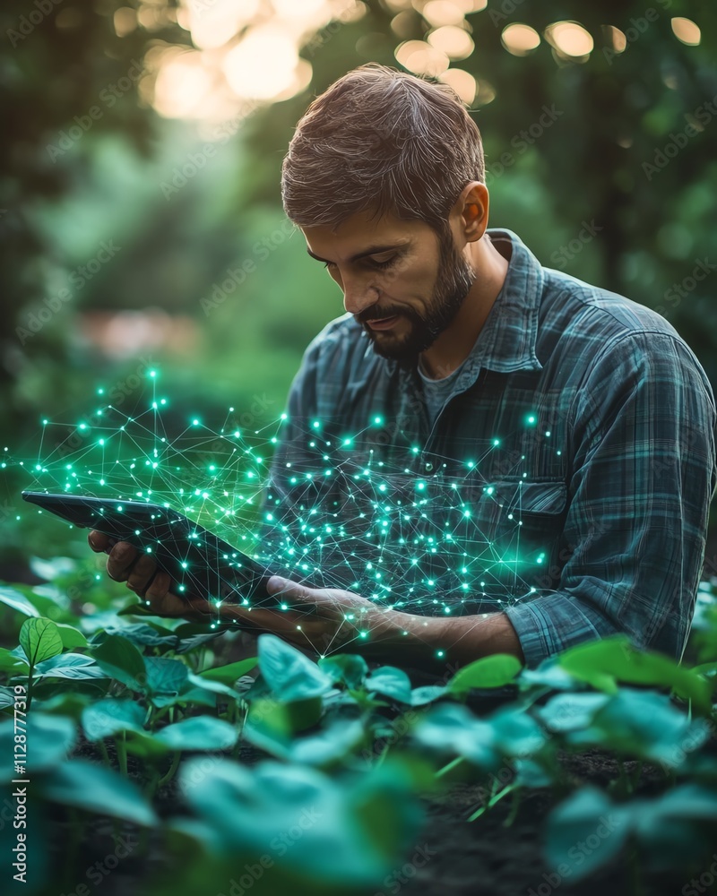 Aufkleber A farmer using artificial intelligence applications to control automated irrigation and farming systems, monitoring crop health and plantation data for optimized agriculture