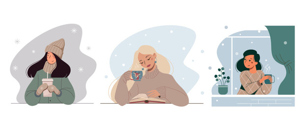 Set ov winter avatars with beautiful young women drinking coffee. Vector female portraits collection in a flat style. Nice girls enjoying life. 