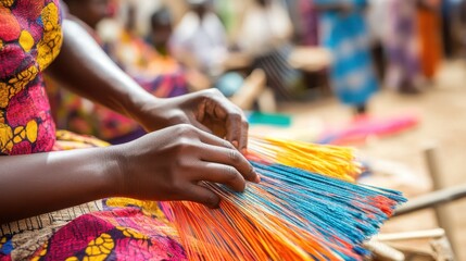 Fototapeta premium African Artisan Crafting Colorful Brooms: A vibrant display of traditional craftsmanship in Africa, showcasing intricate handwork and cultural heritage.