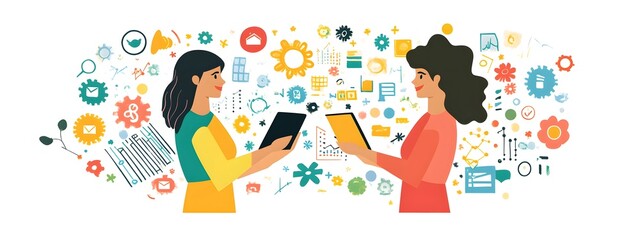 Flat vector illustration of two business women holding a tablet, surrounded by charts, graphs, and flowers
