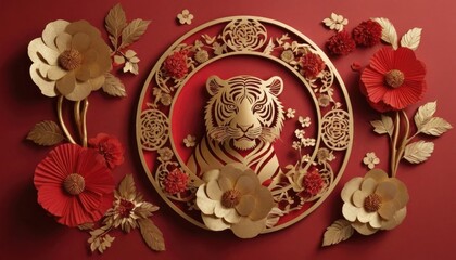 Chinese New Year 2025, Year of the Tiger, red and gold flower and Asian elements, paper cut with craft style on background.