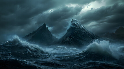 A dramatic sea storm with massive waves crashing over a jagged rock formation under swirling storm clouds.