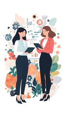Flat vector illustration of two business women holding a tablet, surrounded by charts, graphs, and flowers