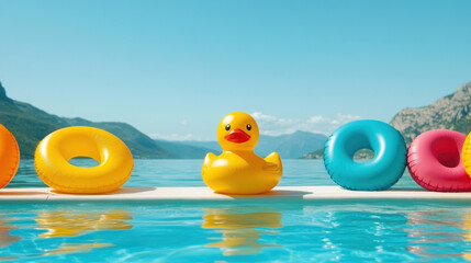 A vibrant pool scene features colorful inflatable floaties, including a cheerful yellow duck, under a bright blue sky with mountains in the background.