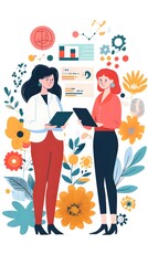 Fototapeta premium Flat vector illustration of two business women holding a tablet, surrounded by charts, graphs, and flowers