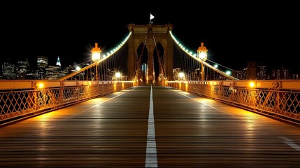 Obraz premium Nighttime view of Brooklyn Bridge with illuminated lights and Manhattan skyline in the background