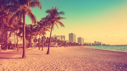 Obraz premium Sunset Serenity: Ocean Path on Miami Beach, Florida, Natural Landscape, Vintage Aesthetic, Retro Instagram Filter