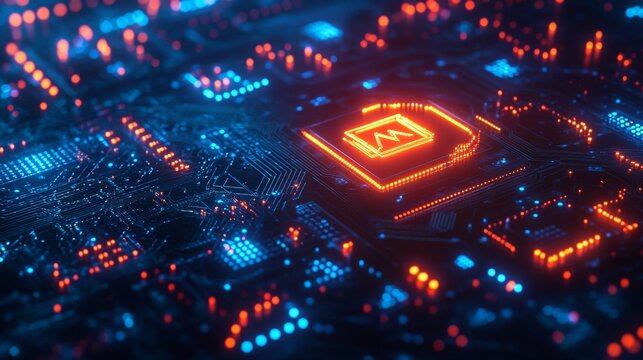 Glowing Cryptocurrency Symbols on Digital Circuit Board - Innovative Fintech Abstract