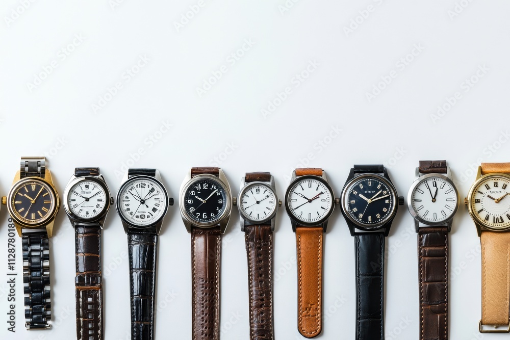 Poster various styles of wristwatches with different bands showcase elegance and craftsmanship, providing a