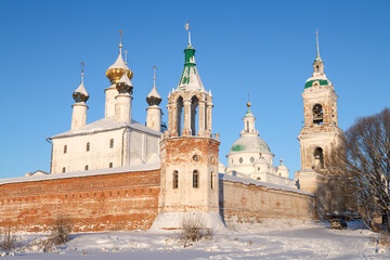 At the walls of the ancient Spaso-Yakovlevsky Dmitriev Monastery on a frosty January day. Rostov...
