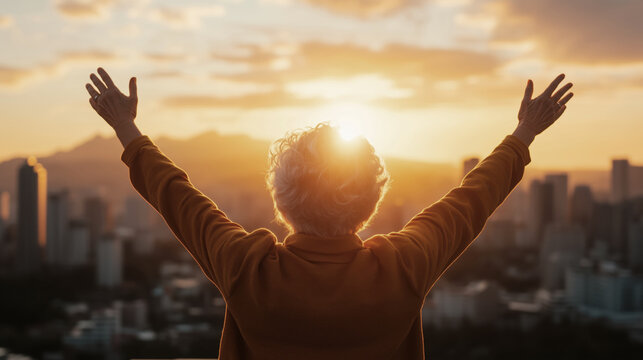 Senior woman embracing a sunset over the city skyline
