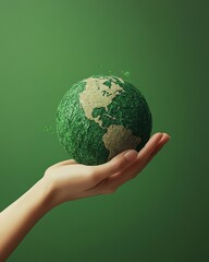A hand holding the Earth on a green background, with a recycle icon, symbolizing the concept of reuse, reduce, recycle, and zero waste for conscious consumption