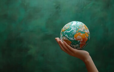 A hand holding the Earth on a green background, with a recycle icon, symbolizing the concept of reuse, reduce, recycle, and zero waste for conscious consumption