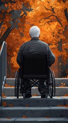 Obraz premium An elderly man in a wheelchair quietly observes the stunning autumn foliage from a staircase, surrounded by the warmth of a golden sunset glow