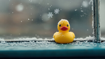A cheerful rubber duck rests on a snowy windowsill, framed by snowflakes, creating a whimsical winter scene.