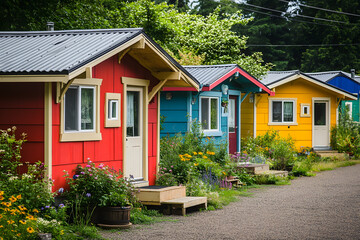 Vibrant Tiny House Village with Community Garden and Communal Spaces  