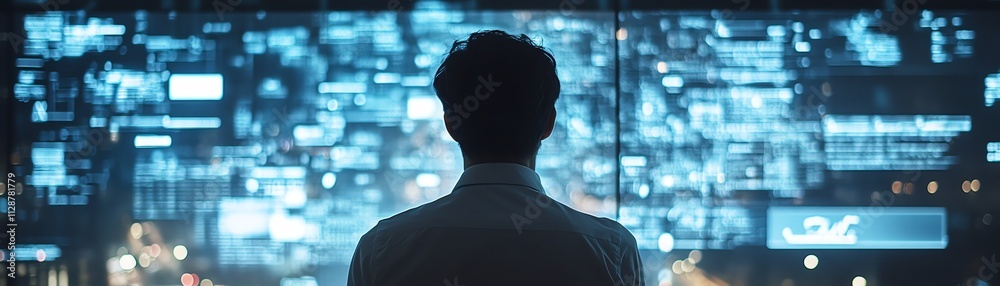 Poster a man accessing digital marketing, finance, and banking solutions through the global internet, lever