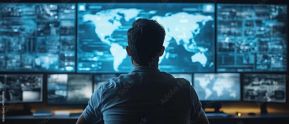 Aufkleber A man engaging with a global network through technology for business, digital marketing, and finance, using big data and online access to streamline operations