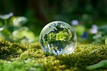 Crystal Globe Resting on Green Moss in a Forest, Symbolizing Environmental Protection and Sustainability, Perfect for Earth Day and ESG Concepts