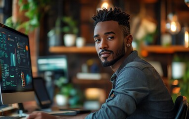 A man interacting with digital technology, using the internet for global connections, digital marketing, and banking solutions powered by big data and advanced finance systems