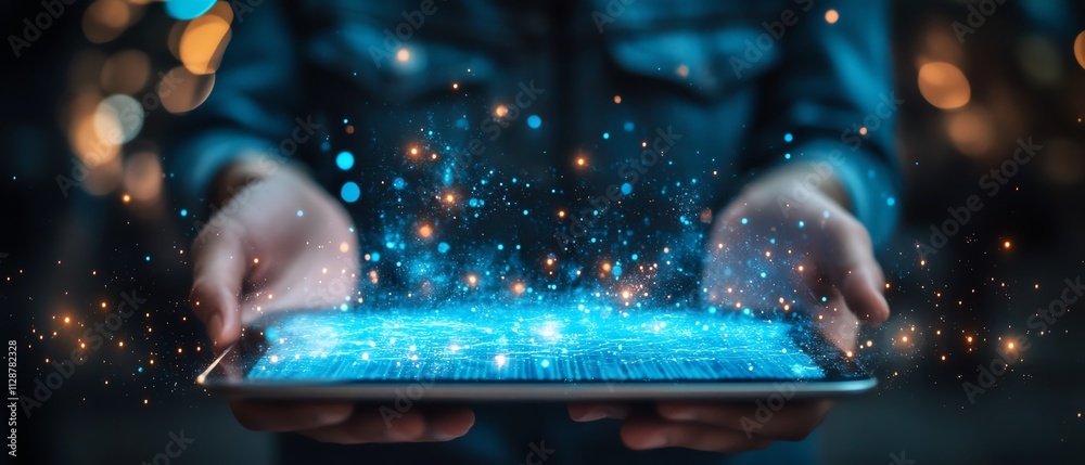 Poster a man using a digital device for global business, finance, and banking, accessing big data and onlin