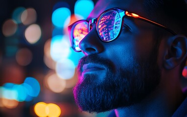 A man interacting with digital technology, using the internet for global connections, digital marketing, and banking solutions powered by big data and advanced finance systems