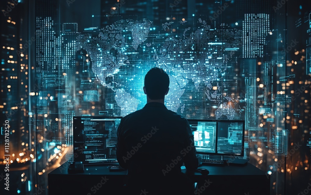 Poster a man using advanced technology and the internet for global business connections, digital marketing,