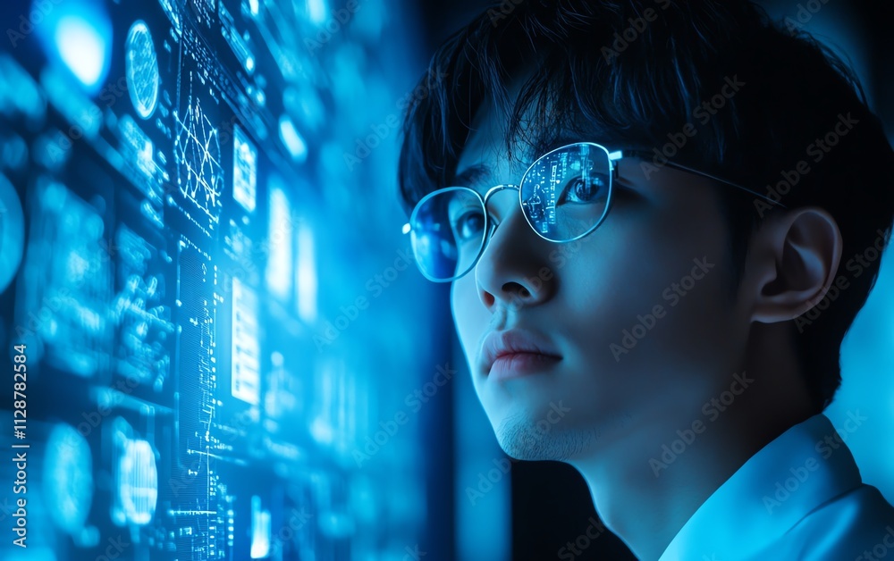 Aufkleber A man using advanced technology and the internet for global business connections, digital marketing, and finance, with big data and online network access