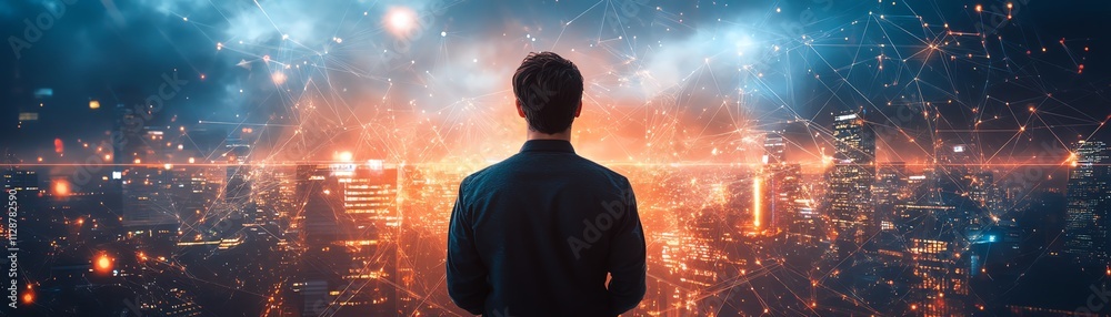 Aufkleber a man using advanced technology to connect globally, exploring digital marketing, finance, and banki