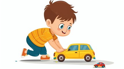 A cartoon illustration of a young boy playing with a toy car.