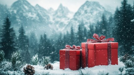 Elegant Red Gift Boxes with Intricate Bows in Winter Wonderland