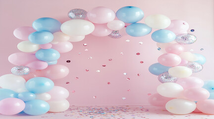 Pastel Pink and Blue Balloons Framing a Blank Square on a Colorful Background Perfect for Party Themes.
