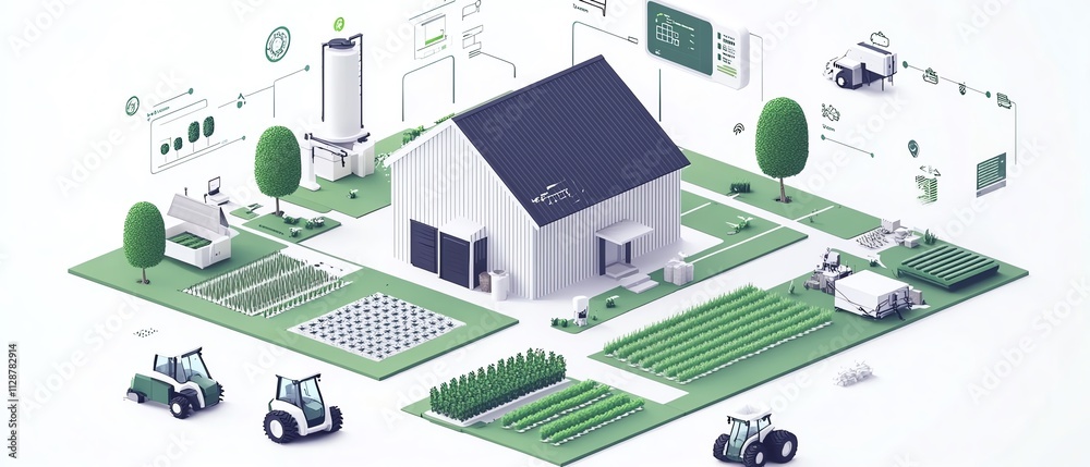Aufkleber A modern agricultural setting where a farmer uses AIdriven tools to monitor and control automated systems, optimizing crop health and farm productivity through data analysis