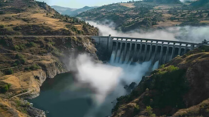 A drone flying above a massive dam capturing cascading water and structural details.