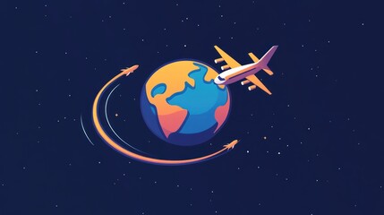 Naklejka premium Airplane flying around stylized Earth in space