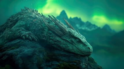 Majestic dragon resting under the northern lights