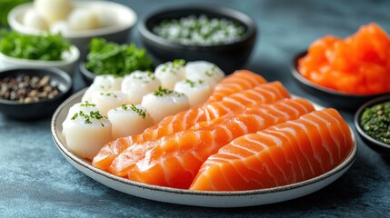 Fresh scallops and salmon fillets prepared for cooking.