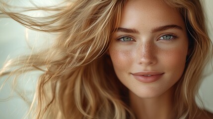 Fototapeta premium A closeup of a smiling woman with blonde hair and freckles, her serene expression glowing in soft, natural light.