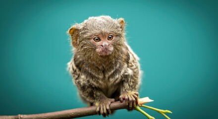 Pygmy marmoset perched on branch against teal background for wildlife enthusiasts