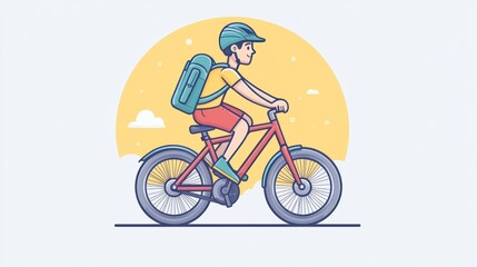 Fototapeta premium Boy Rides Bicycle With Backpack Outdoors