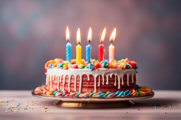 Close-Up Shot of Happy Birthday Cake with Colorful Burning Candles Festive Decorations with Sprinkle
