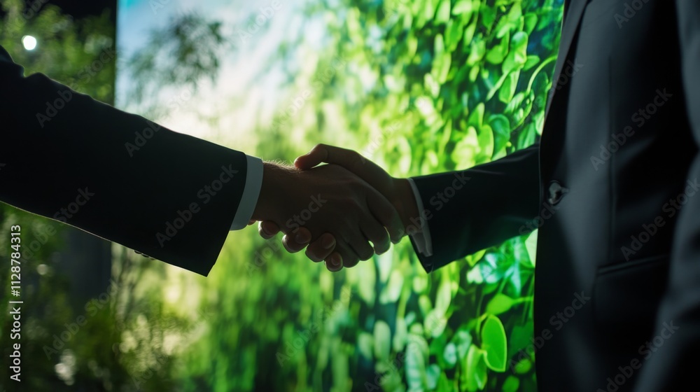 Aufkleber Two individuals in business attire shake hands against a backdrop of lush greenery, symbolizing collaboration in sustainable finance. This setting highlights commitment to eco-friendly initiatives.