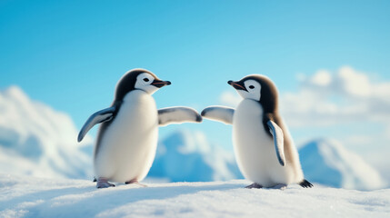 Obraz premium Playful penguin chicks greeting each other in a snowy landscape