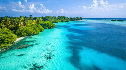 Obraz premium A drone hovering above a turquoise tropical lagoon showing crystal-clear waters and coral reefs.