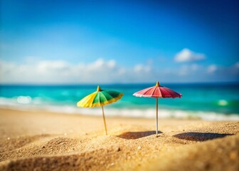Fototapeta premium Captivating Tilt-Shift Photography of a Pair of Colorful Umbrellas on a Sandy Beach, Creating a Miniature World of Relaxation and Joyful Leisure in the Sunlight