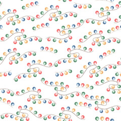 Christmas lights garland seamless pattern. Hand drawn watercolor illustration. Glowing festive light bulbs hanging. New Year, birthday holiday endless pattern. Clipart for wallpaper, wrapping, fabric.