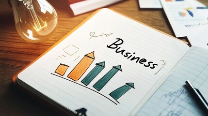A notebook with the word "Business" written on it, next to which is an icon of a light bulb and a bar graph drawn in marker pen. This represents a business plan concept on a wooden table background.
